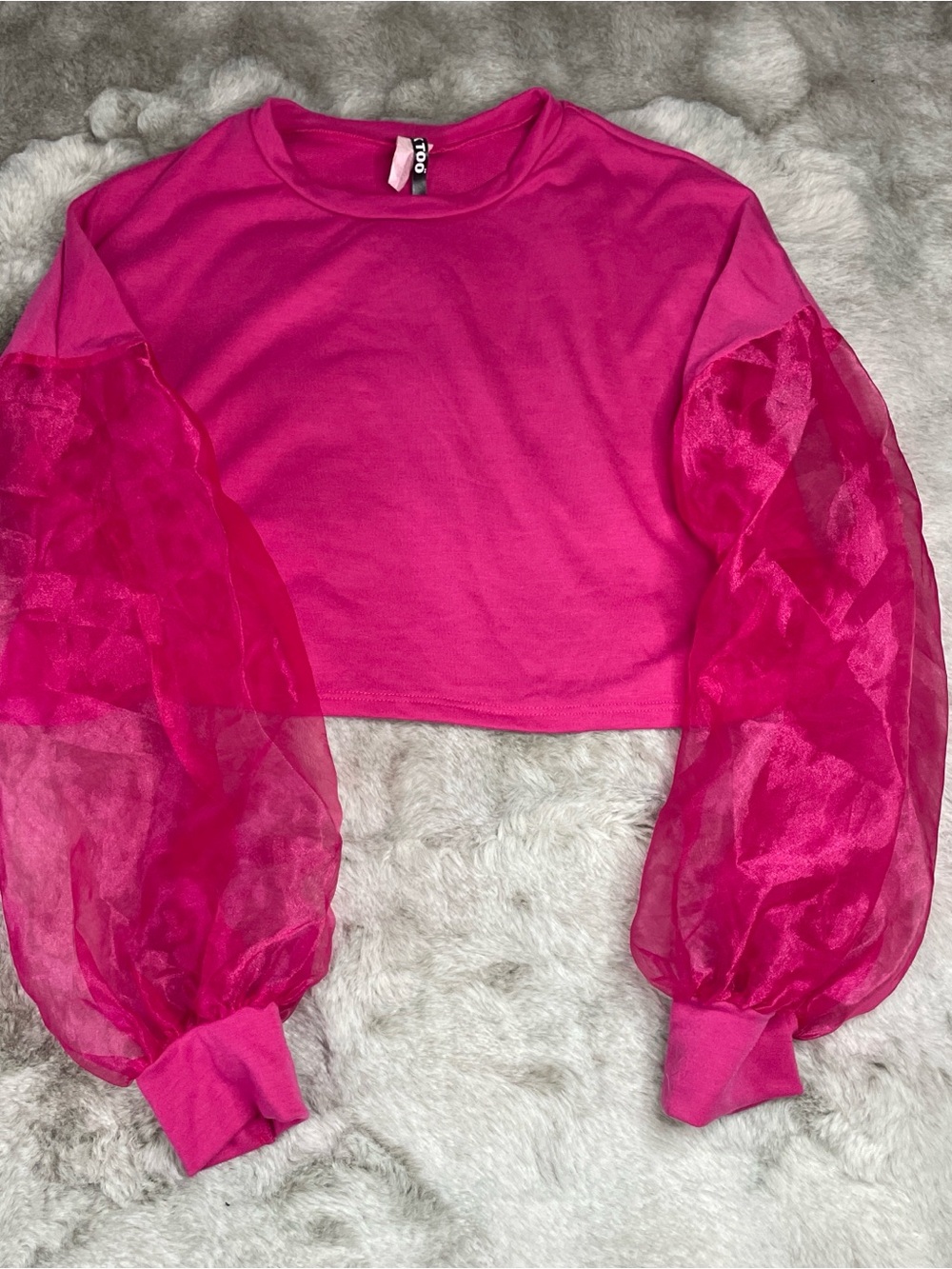 Hot Pink Organza Sleeve Cropped Shirt-0254